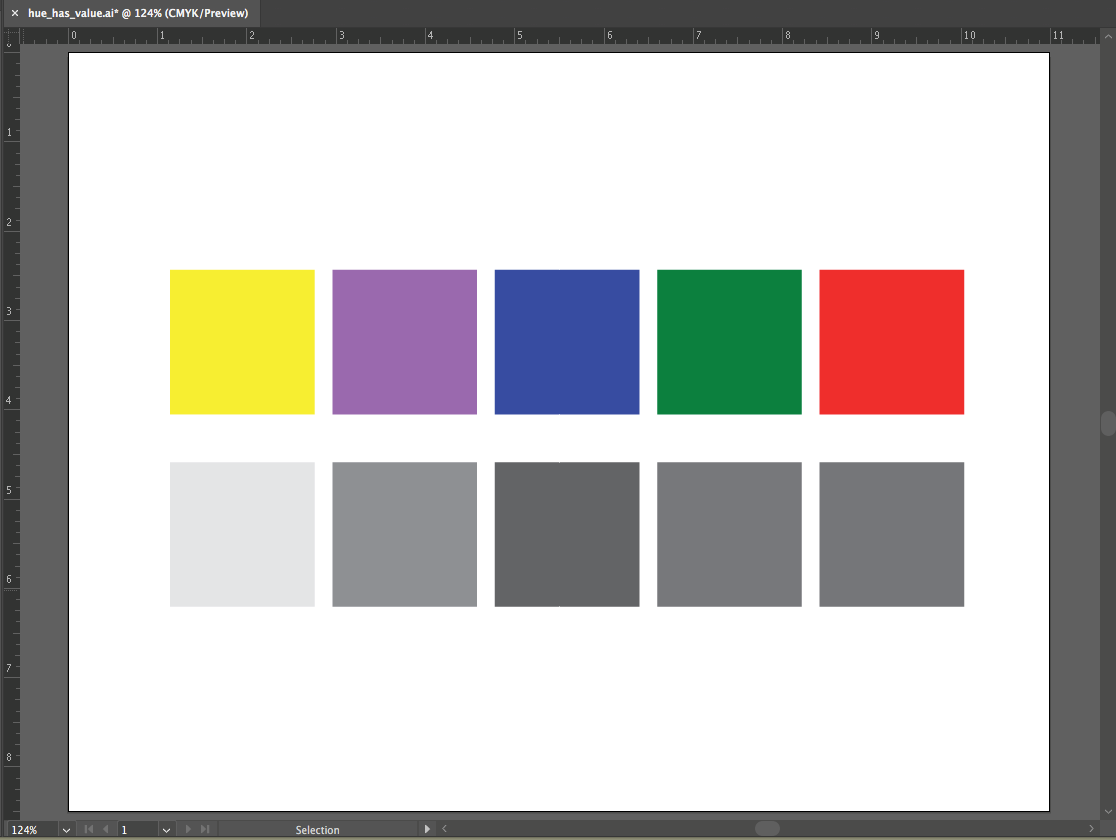 Screen capture showing a row of colored squares with a duplicated row of squares underneath that have been converted to grayscale.