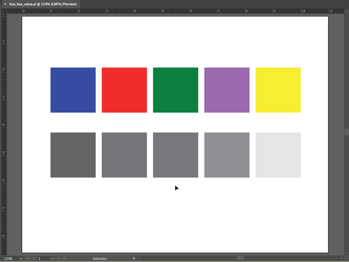 Screen capture showing a row of colored squares with a duplicated row of squares underneath that have been converted to grayscale. The squares are now arranged in order of value, with darkest starting at the left and lightest at the right end of the rows.