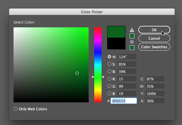 Screen capture of Illustrator's Color Picker dialog box.