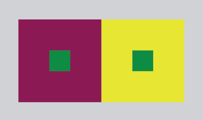 two small squares look like they are different colors when placed on different colored backgrounds