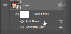 Screen capture showing pointer hovering over the "crew" layer's Add Noise Smart Filter.