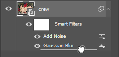 Screen capture showing dragging the "crew" layer's Add Noise Smart Filter to position it below the Gaussian Blur Smart Filter.