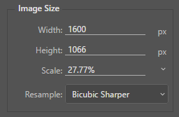 Screen capture showing Export As Image Size settings with a scale value of 27.77%.