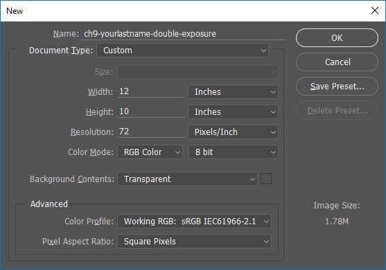 Screencapture of the Adobe® Photoshop® New Image dialog box, showing settings for creating this exercise's image.