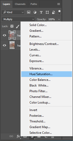 Screencapture of the Adobe® Photoshop® Add Adjustment Layer menu, with Hue/Saturation selected.