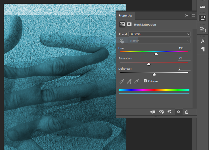 Screencapture showing the Adobe® Photoshop® Properties Panel, with controls for a Hue/Saturation Adjustment Layer.