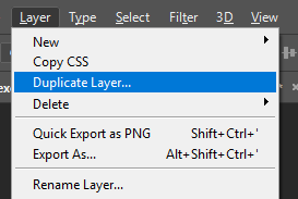 Screencapture showing the Photoshop® Layer menu with "Duplicate Layer..." selected.