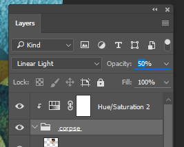 Screencapture showing Layers panel with the "corpse" layer group blending mode set to "Linear Light" and Opaticy set to 50%.