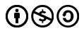 Three icons: a stylized human figure in a circle, a dollar sign in a circle with a slash through it, and a reversed letter C in a circle.