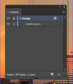 Screen capture showing the InDesign® Layers panel. The panel contains one layer named "image", which contains the placed skyline.psd image. The "image" layer is locked.