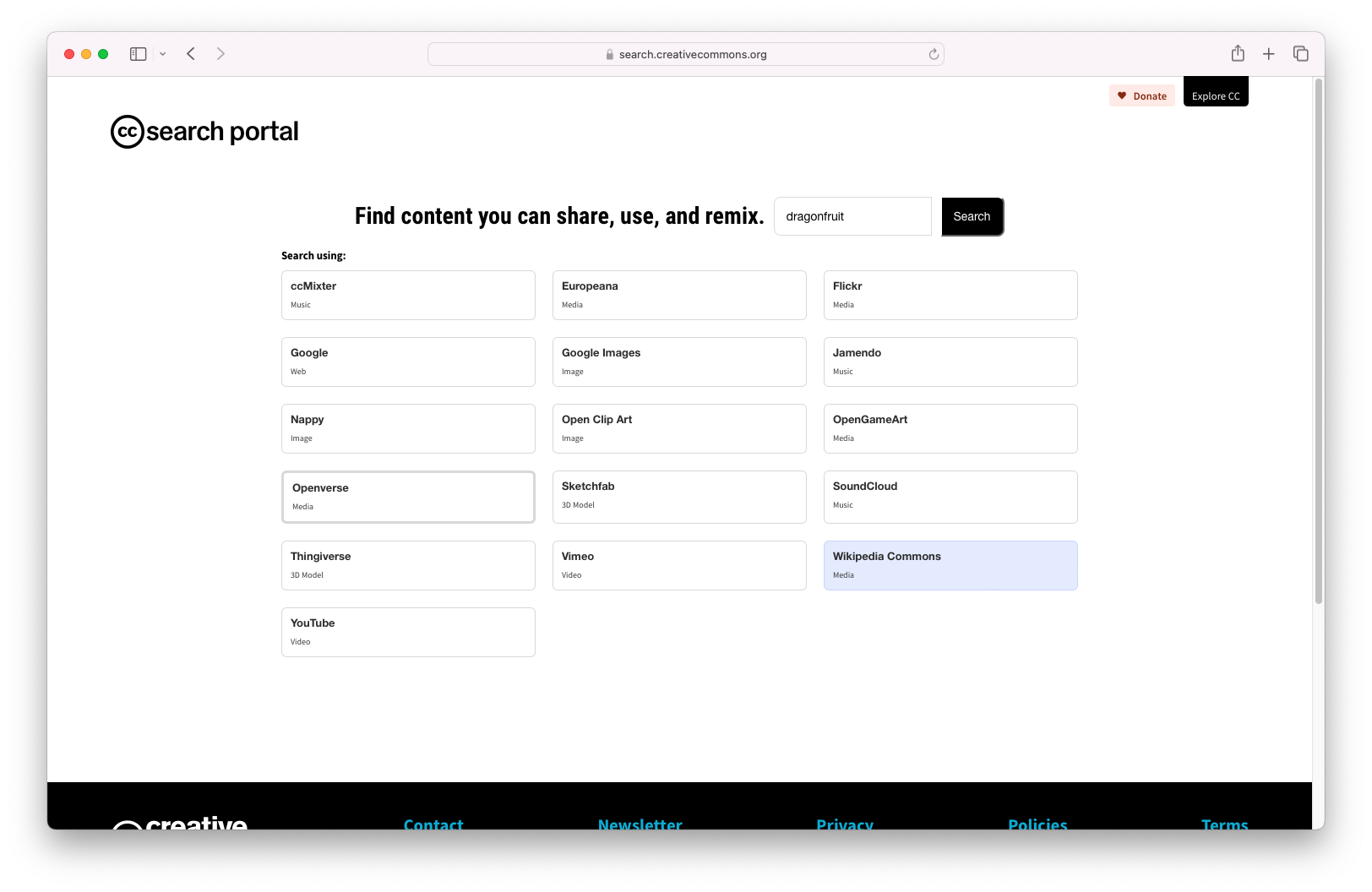 Creative Commons search engine webpage