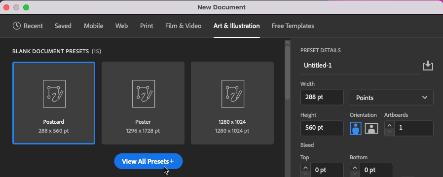 Illustrator's New Document dialog box with the Art & Illustration category selected. The View All Presets button is highlighted.