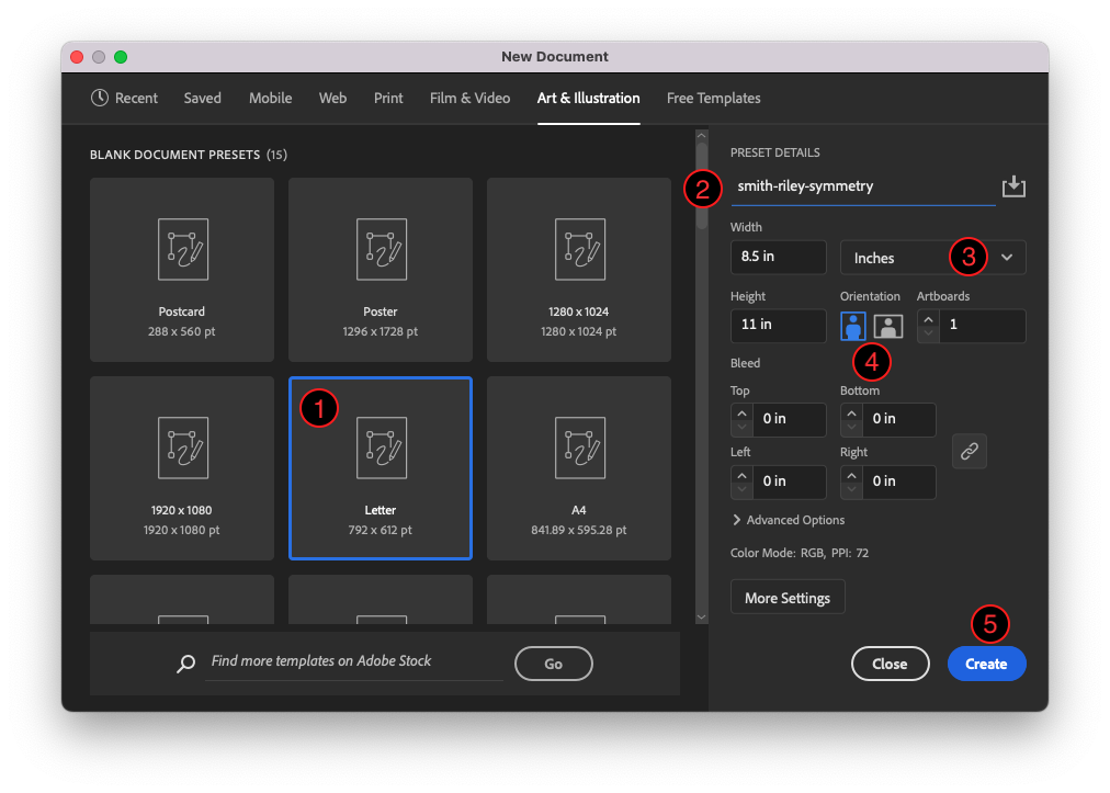 Illustrator New Document dialog box showing presets matching this exercise's instructions.