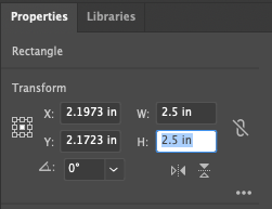 Screen capture of Illustrator's Properties panel, showing adjustment of the Width and Height inputs.