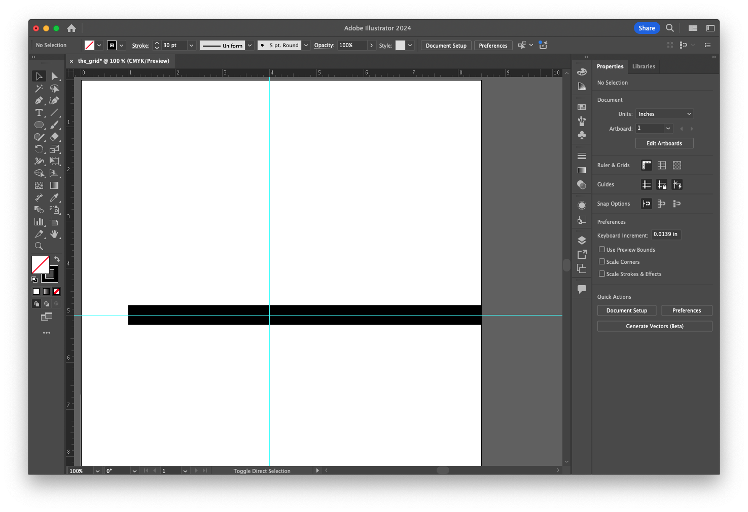 Screen capture showing a 30pt line segment drawn across the horizontal guide on the artboard.