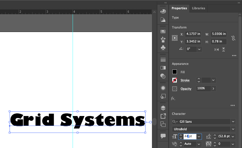 Screen capture showing font settings in the Properties panel.