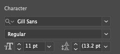 Screen capture of the Character settings in Illustrator's Properties panel.