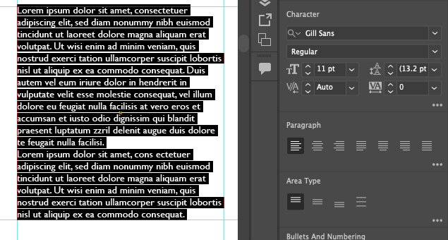 Screen capture showing selected text in an Area Text box.