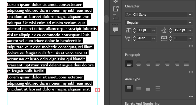 Screen capture showing selected text in an Area Text box with increased leading.