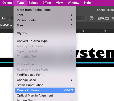 Screen capture showing the Create Outlines command in Illustrator's Type menu.