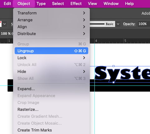 Screen capture showing the Ungroup command in Illustrator's Object menu.