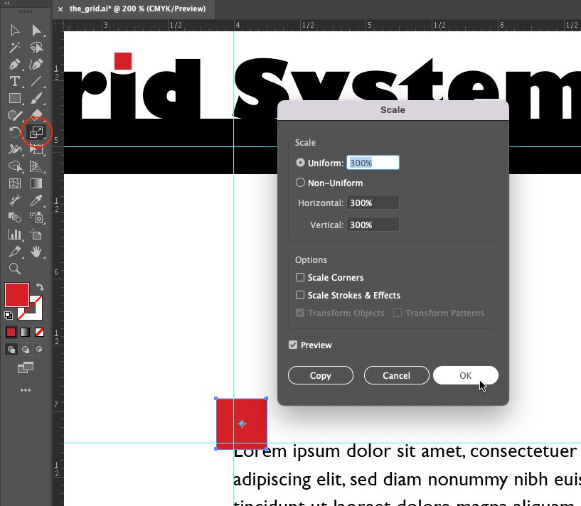 Screen capture showing the Scale dialog box with settings for a Uniform scale of 300%.