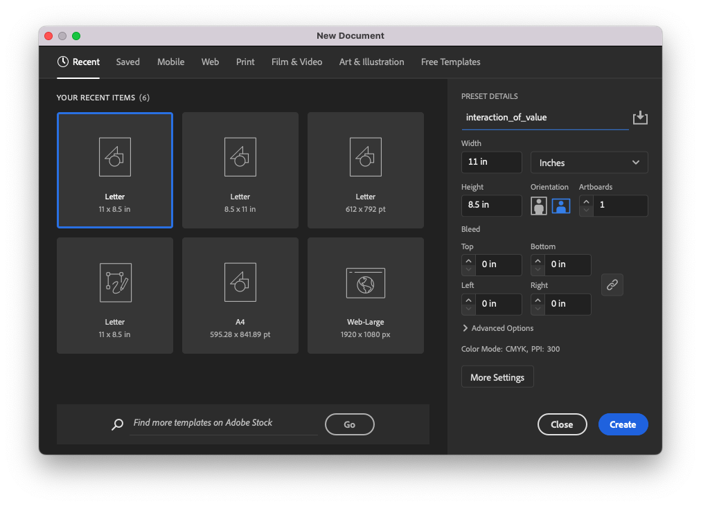 Screen capture of New Document dialog box, showing settings for this exercise.