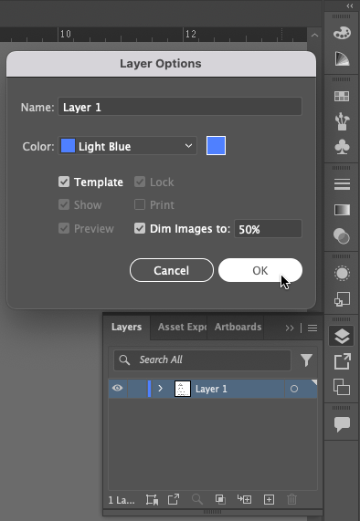 Screen capture of the Layers panel and the Layer Options dialog box.