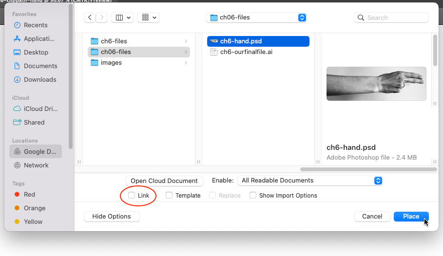 Location of linking options for placing documents in Illustrator