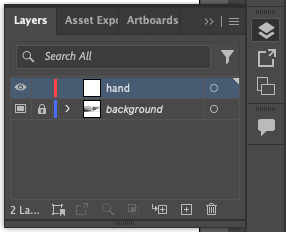 Screen capture of the Layers panel after creating a new layer and naming it hand. The new layer is above the background layer.