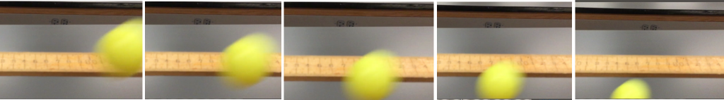 The frames show a ball passing a meter stick as an elongated blur. The width of the blurred ball roughly 4 cm.