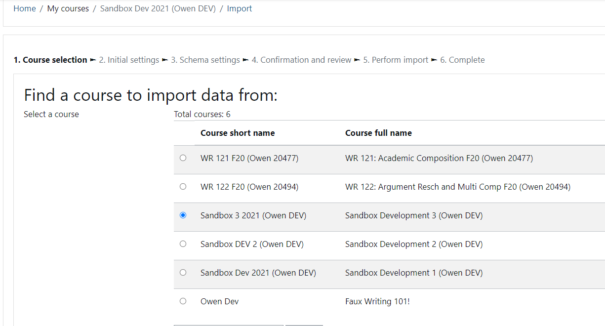 Image of Moodle Import Page
