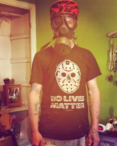 man wearing gas mask