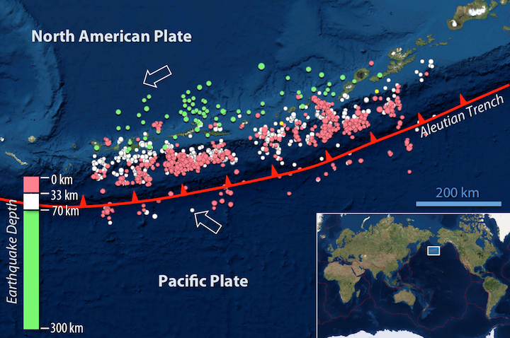 Figure shows earthquakes of M4.5 and greater from 2010 to 2017 along the Aleutian Trench subduction zone (line; teeth point in the direction of the subducting slab). Arrows show the directions of plate movement. Circles indicate the depths of earthquakes (see legend, lower left): essentially earthquakes become deeper moving north from the subduction zone and the deepest earthquakes are the ones farthest away from the subduction zone, whereas the shallower ones are closest to it. 
