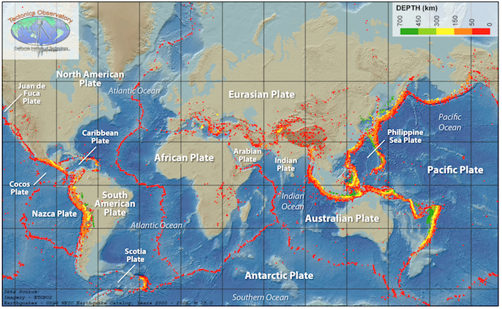 Earthquakes greater than magnitude 5, from 2000 to 2008. Bands of earthquakes mark tectonic plate boundaries. Narrow bands with shallow earthquakes (marked darker color lines and dots) indicate transform boundaries or mid-ocean ridge divergent boundaries. Wider bands with earthquakes at a range of depths are subduction zones. Wide bands of scattered earthquakes mark continent-continent convergent margins (e.g., between the Indian and Eurasian plates), or continental rift zones (e.g., in eastern Africa).