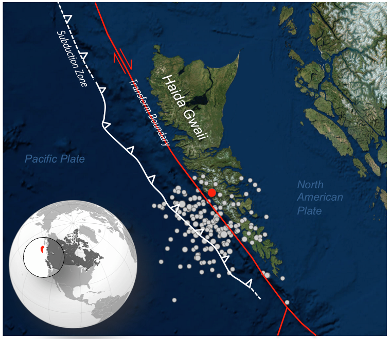 Map showing Magnitude 7.8 Haida Gwaii earthquake and aftershocks. Mainshock (largest circle marks the epicenter) occurred on October 28th, 2012. Aftershocks are for the period from October 28th to November 10th of 2012. Although the epicentre is near a transform boundary, the rupture was influenced more by compression related to the subduction zone. <em>Source: Karla Panchuk (2017) CC BY 4.0. Base map with epicentres from the U. S. Geological Survey Latest Earthquakes tool