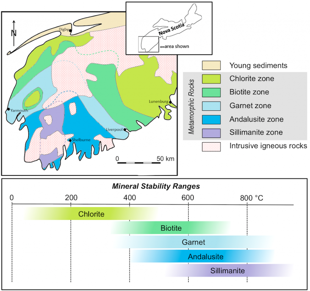Image describes the various zones of metamorphism in Nova Scotia. From top to bottom it shows young sediments in the far north, a chlorite zone below that to the west and east, next down is the biotite zone, the garnet zone, the andalusite zone (which surrounds a sillimanite zone in the lower portion of the figure), and an intrusive igneous rock zone that has intruded all of these zones in the middle and northeast part of the island.