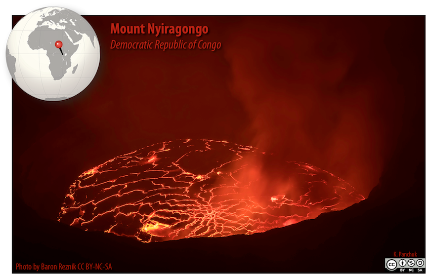 Image shows lava lake of Mount Nyiragongo, a volcano in the Democratic Republic of Congo. Igneous rocks form when melted rock freezes.