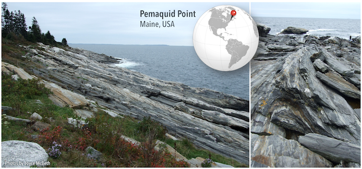 Dark and light striped metamorphic rocks (called gneiss) at Pemaquid Point were transformed by extreme heat and pressure during plate tectonic collisions.