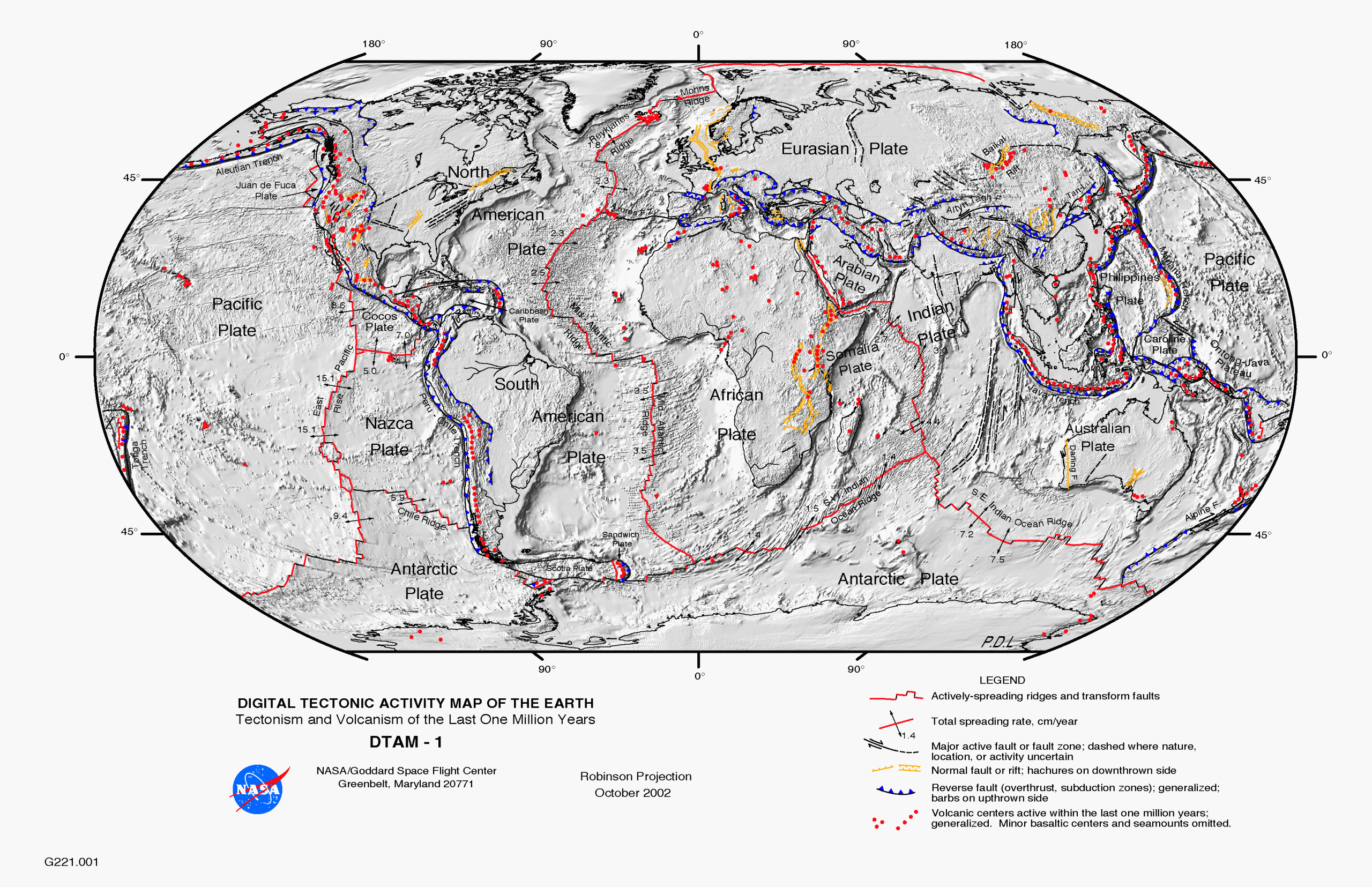 FIgure is a detailed map of Earth's tectonic plates and their boundaries. Boundaries with arrows pointing away from each other are divergent boundaries. Boundaries with teeth on the line are convergent boundaries. Boundaries with ticks on the lines are normal faults. Dots represent volcanoes.