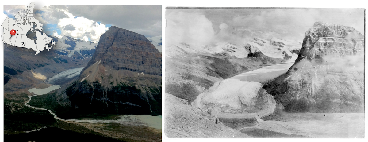 Rearguard Mountain and Robson Glacier in Mount Robson Provincial Park, BC. Left: Robson Glacier today, retreating up the valley. Right: Robson Glacier circa 1908 is much larger..