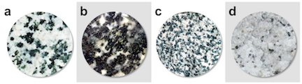 Four images are shown. Question asks you to Identify these rocks shown in the images by estimating the proportion of dark minerals in each sample.