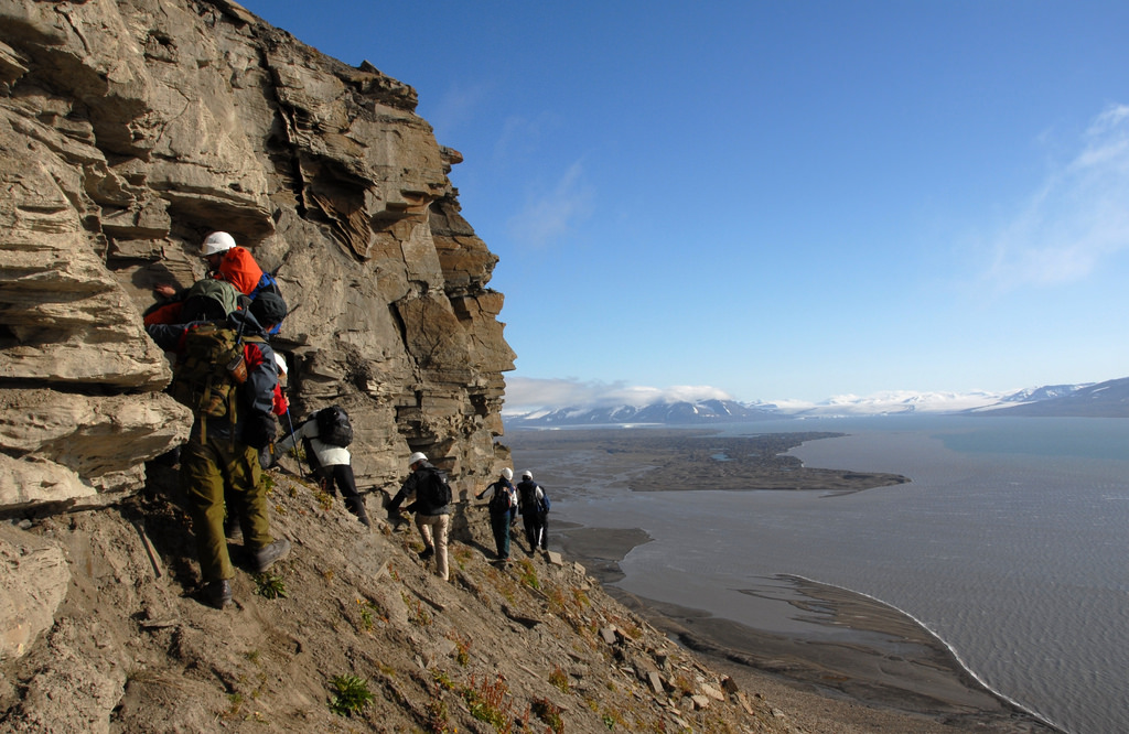 Geologists at work on the island of Spitsbergen, part of the Svalbard archipelago. The islands are located in the Arctic Ocean north of Norway.