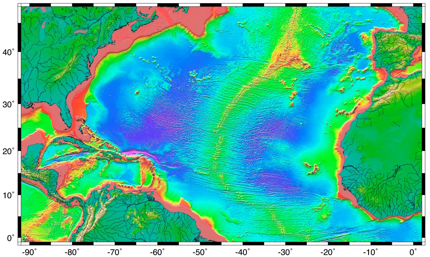 Figure shows the difference in topography by depth. Zones that are close to the continents have bands that are less than 2,000 meters deep. Zones outwards from these area have depths that vary between 3,000 and 5,000 meters. Zones that are near trenches (there is a small one northeast of the Caribbean Islands) exceed 6,000 meters.