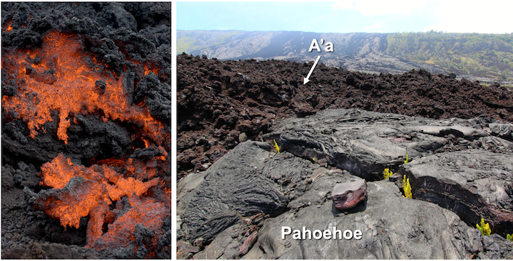 Aa lava flows. Left: Close-up view of aa forming during an eruption of Pacaya Volcano in Guatemala. Field of view approximately 1 m across. Right: Rubbly aa lava flow viewed from Chain of Craters Road, Hawai’i Volcanoes National Park. Pahoehoe is visible in the foreground. Sources: Photo of Hawaiian aa and pahoehoe: Roy Luck (2009) CC BY 2.0; Pacaya aa: Greg Willis (2008) CC BY-SA 2.0
