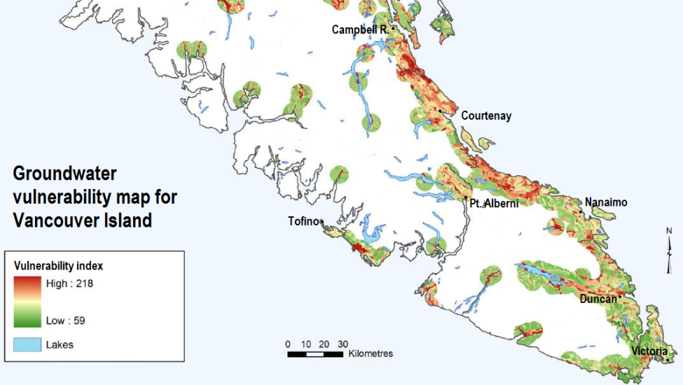 Figure shows how water vulnerability in Vancouver Island is extreme in the east coast of the island and lower in the west and middle part of the island.