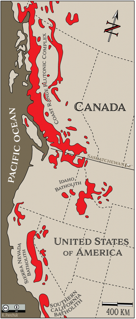 Figure shows the Coast Range Plutonic Complex (also called the Coast Range Batholith) is the largest in the world. It is part of a chain of batholiths along the western coast of North America.