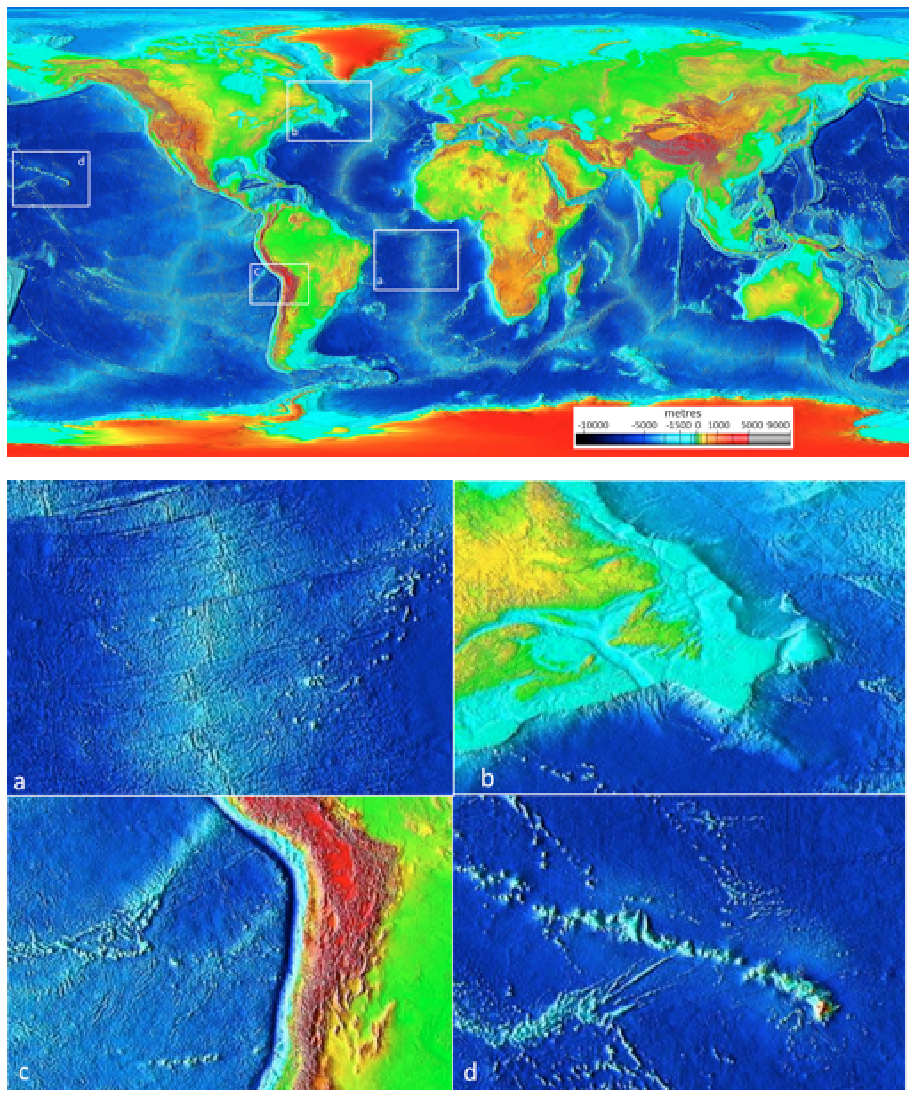 Bathymetric images showing the features that can be recognized on the ocean floor. Darker colors refer to deeper sections, whereas lighter colors refer to sections that are higher elevation in the ocean. Inset "a" shows how the mid Atlantic Ridge is higher than the surrounding seafloor. Inset "b" shows how the continental shelf where Newfoundland borders the Atlantic Ocean is a zone that has a steep change in seafloor elevation where near to Newfoundland water is shallow, but not far off its coast, it becomes deep off the shelf. Inset "c" is the Nazca trench subduction zone where seafloor level becomes very deep preceding South America east of it. Inset "d" is the Hawaiian Island chain of islands, which stand up out of the deep ocean around the islands.