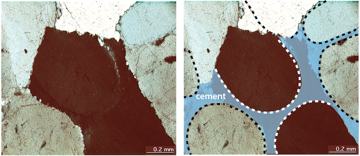 Image of sandstone under a microscope. Grains and cement are quartz. Left- Original image. Right- Visible grain boundaries are marked with dashed lines, and some of the cement is shaded 
