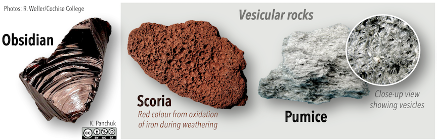 From left to right, three images of the igneous rocks Obsidian, Scoria, and Pumice are shown. Glassy volcanic rocks. Obsidian has a glassy lustre, but scoria and pumice are highly vesicular.